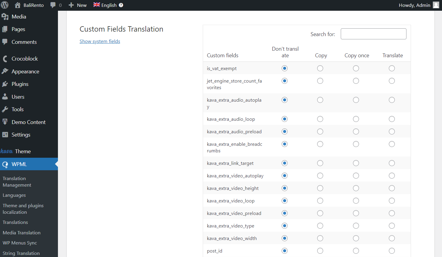 custom fields translation settings