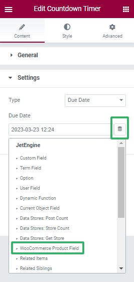 due date setting of the countdown timer widget