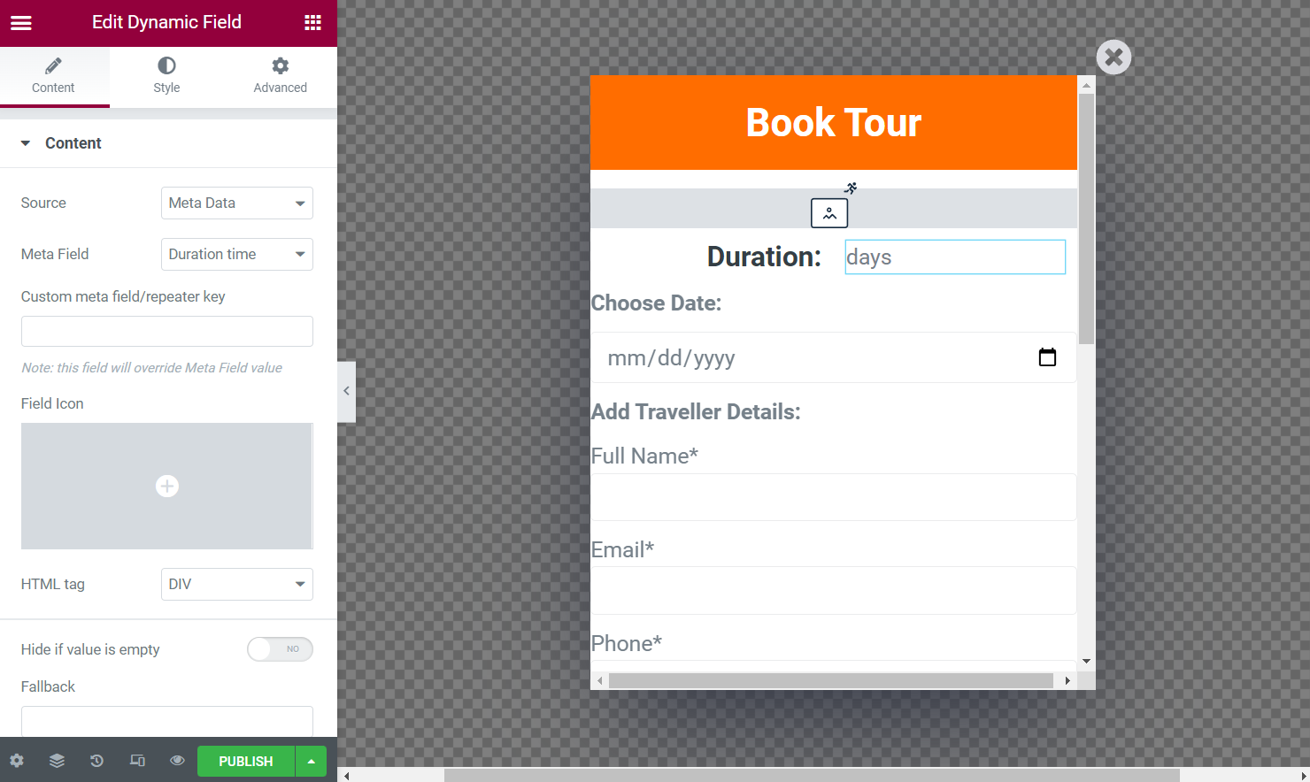 dynamic fields in pop-up