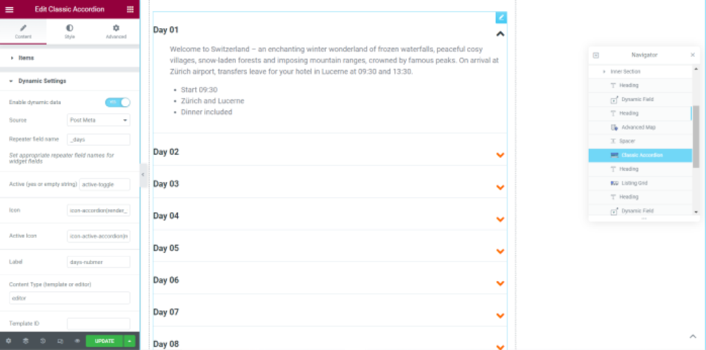 dynamic settings of the classic accordion widget
