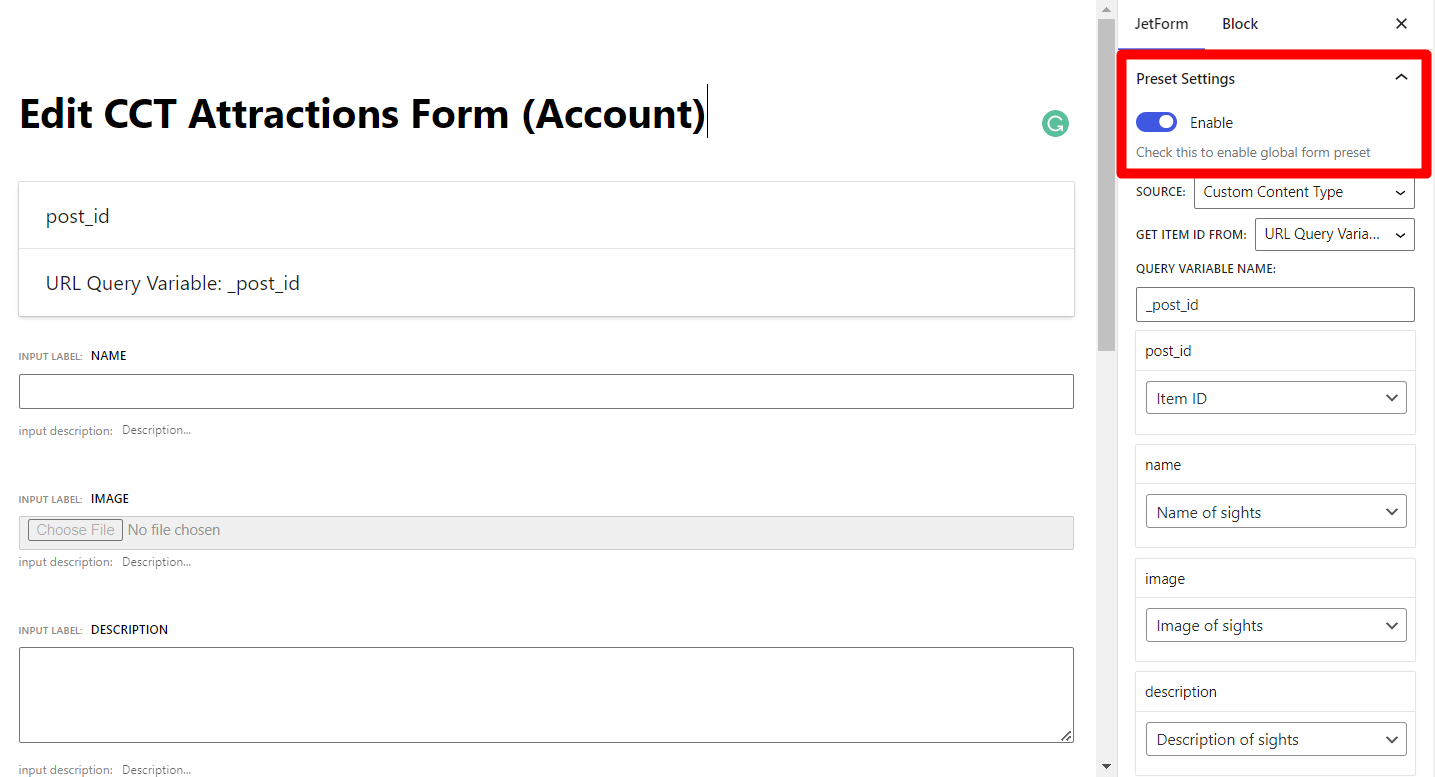 edit form preset
