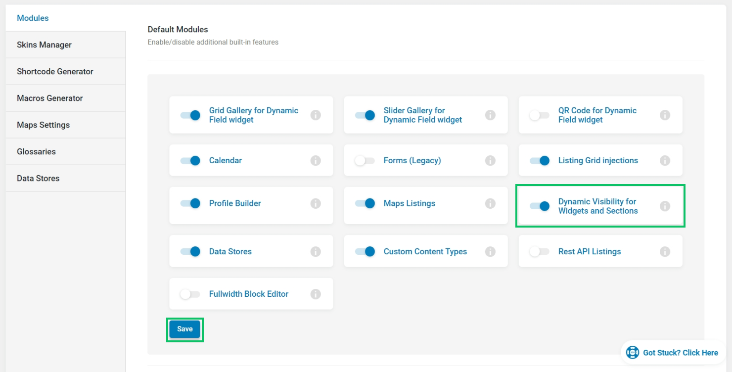 enabling dynamic visibility module