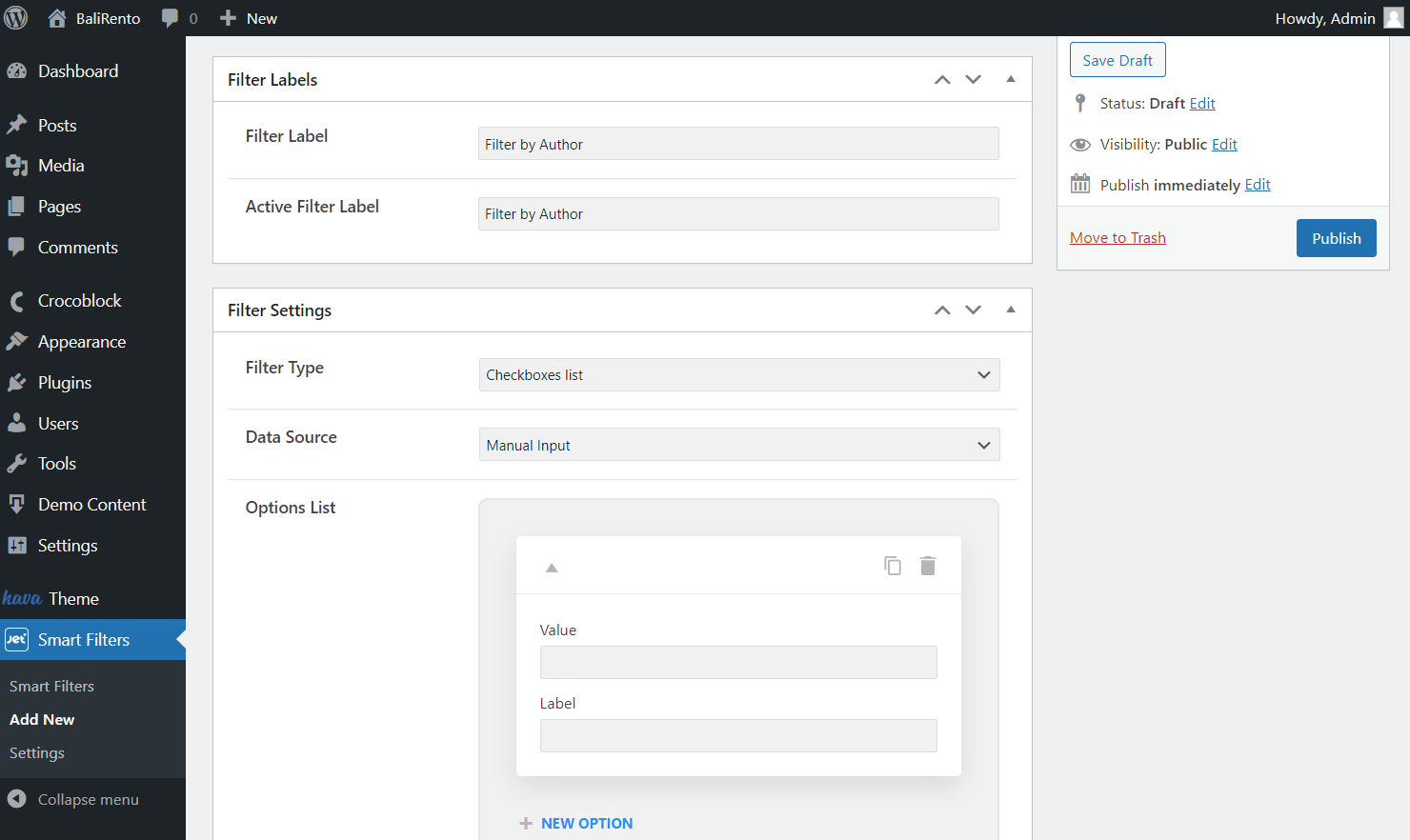 filter by author checkbox options list