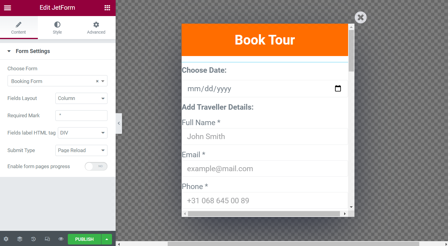 form in the pop-up settings