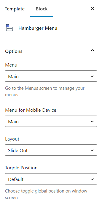 hamburger menu options