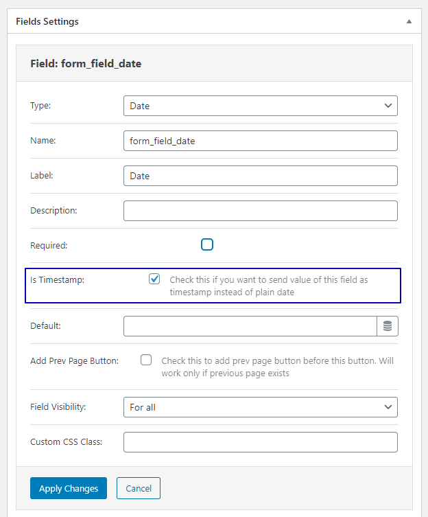active is timestamp option in the date field settings