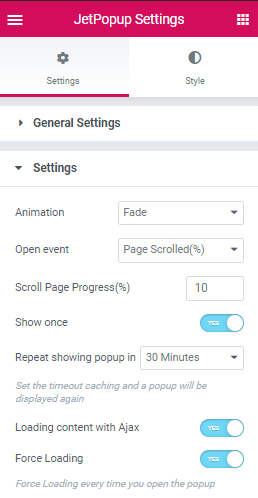 settings of popup