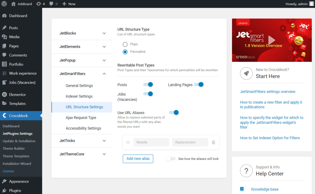 jetsmartfilters URL structure settings