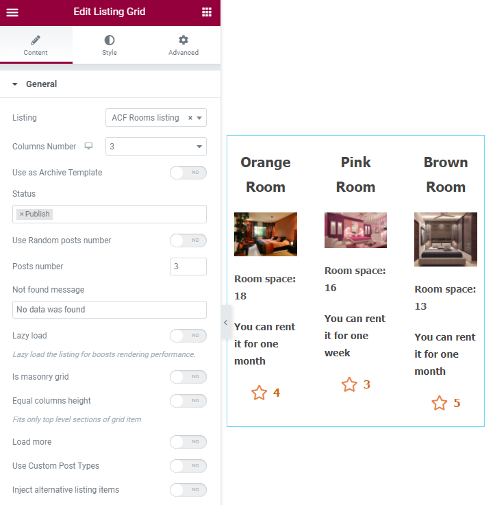 acf listing grid settings