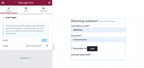 login form widget