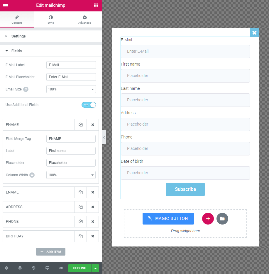 filling in the fields of the subscribe form