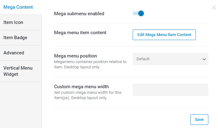 edit mega menu item