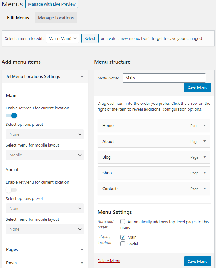 jetmenu settings