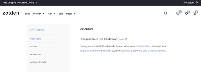 my account page on the front end