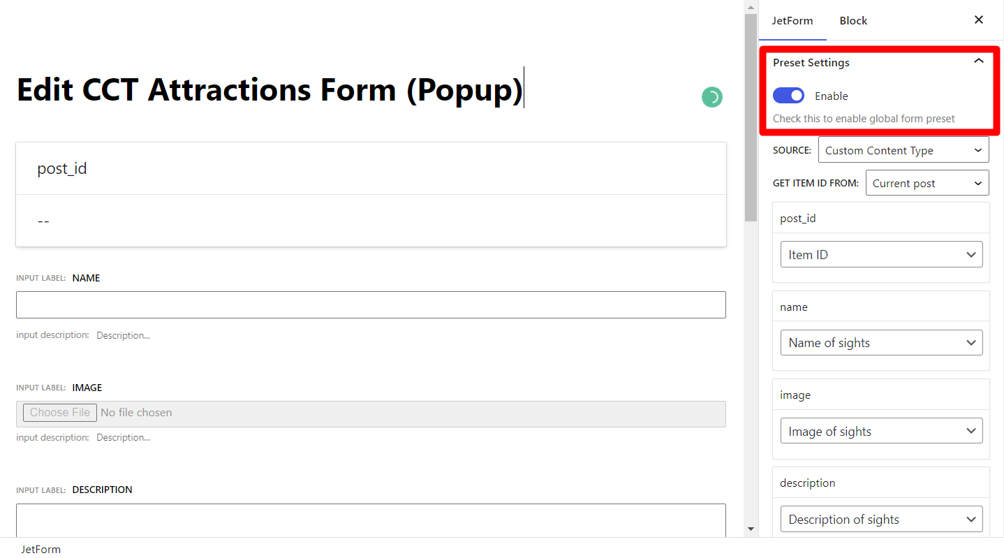 popup edit form preset settings