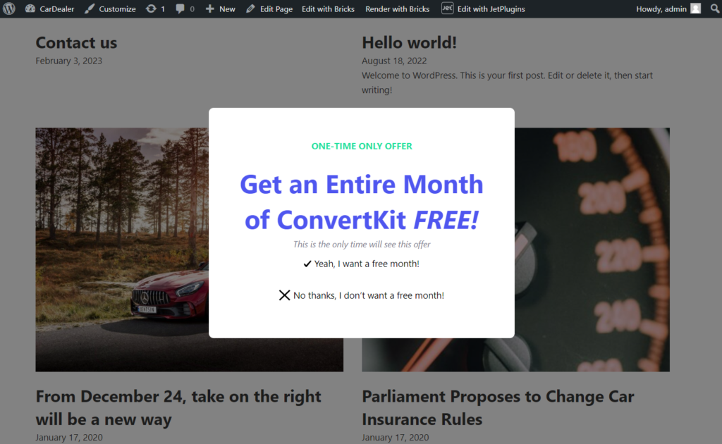 popup with action button on the front end