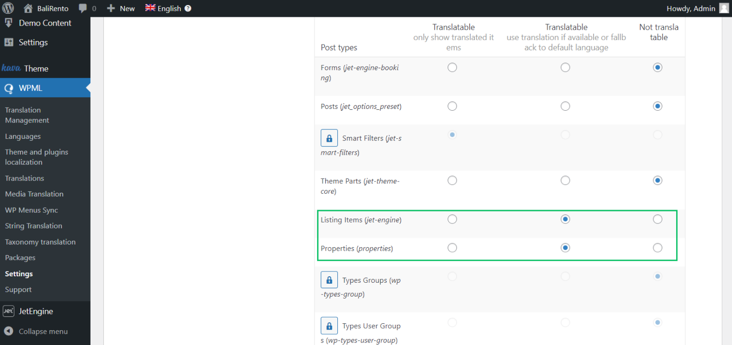 post types translation settings