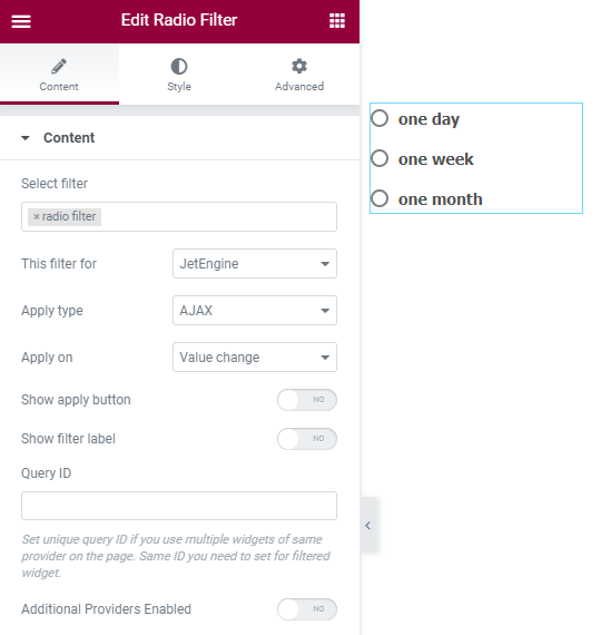 radio filter widget settings