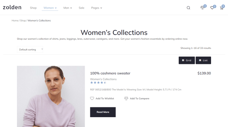 shop page template on the front end