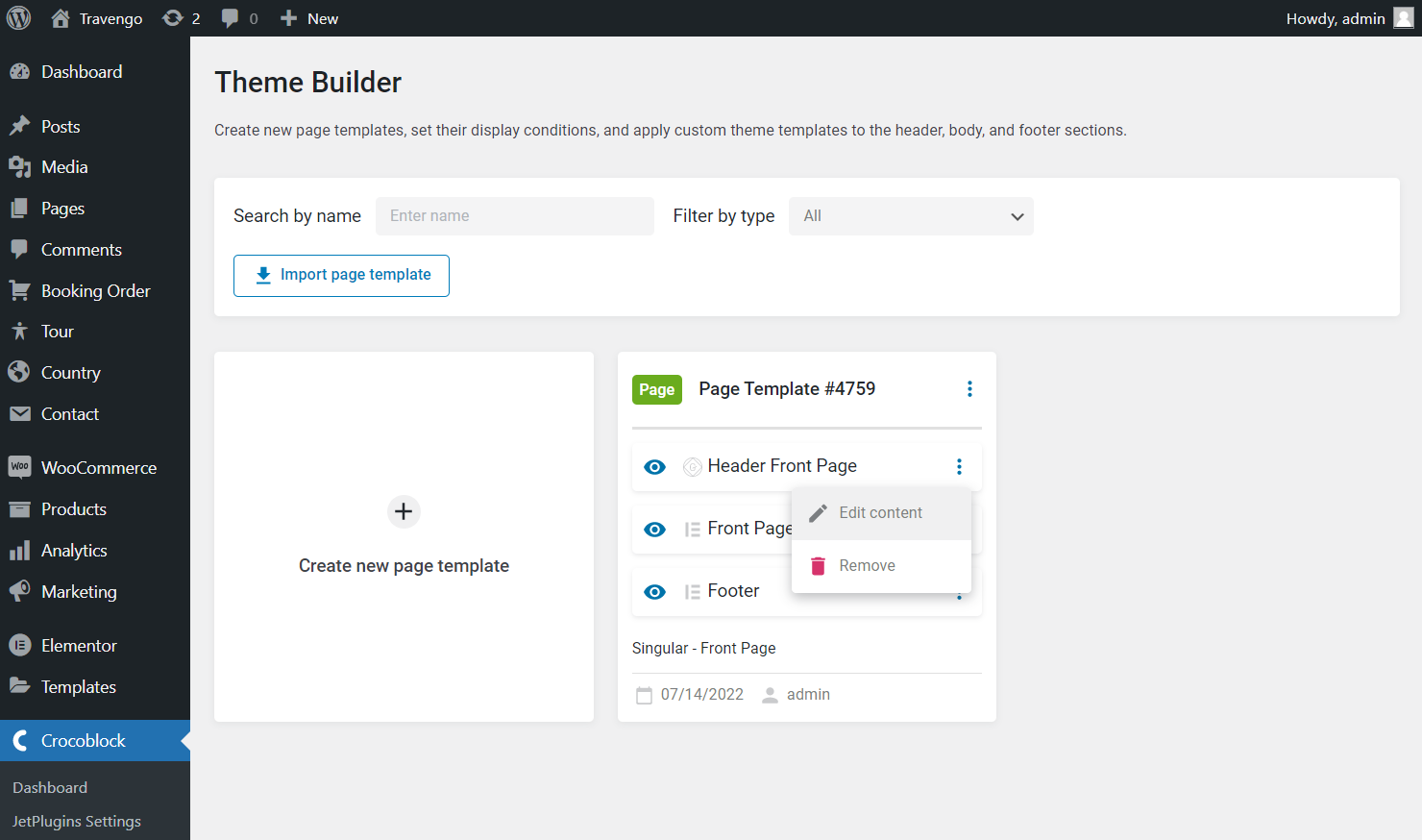 theme builder edit content button