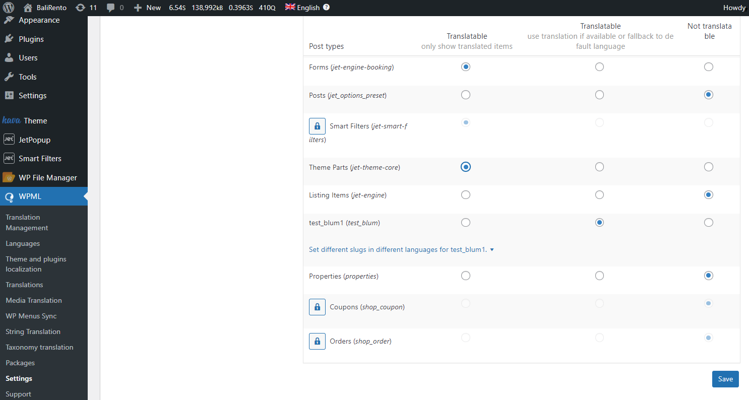 theme parts made translatable in the WPML settings