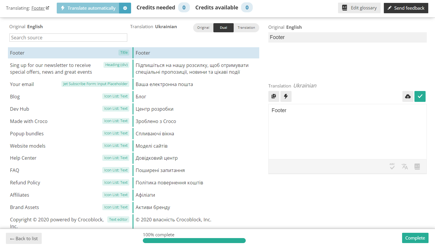 translating footer template with WPML translation editor