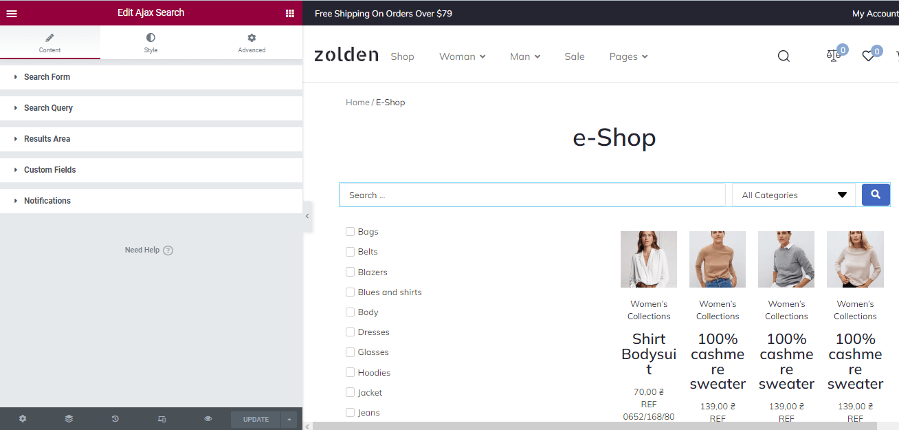 elementor page with ajax search widget