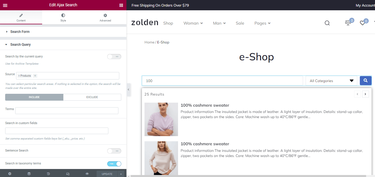 selecting the source for search in elementor
