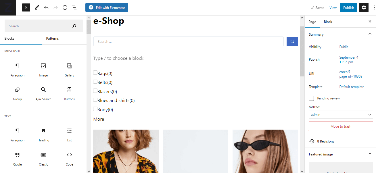gutenberg page with ajax search block