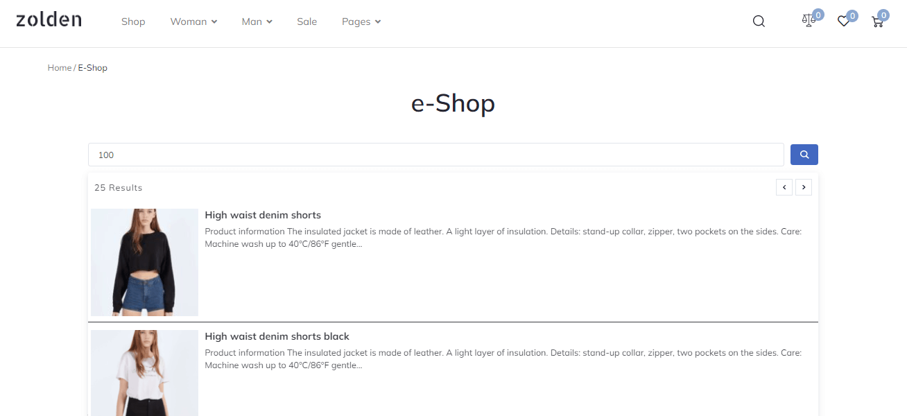 search results with excluded products