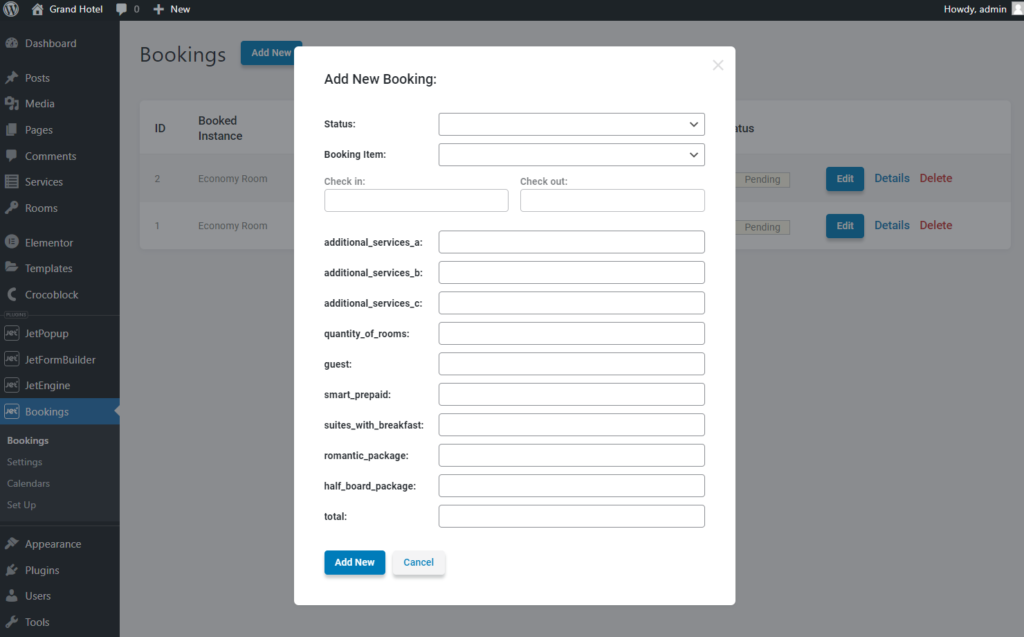 add new booking pop-up