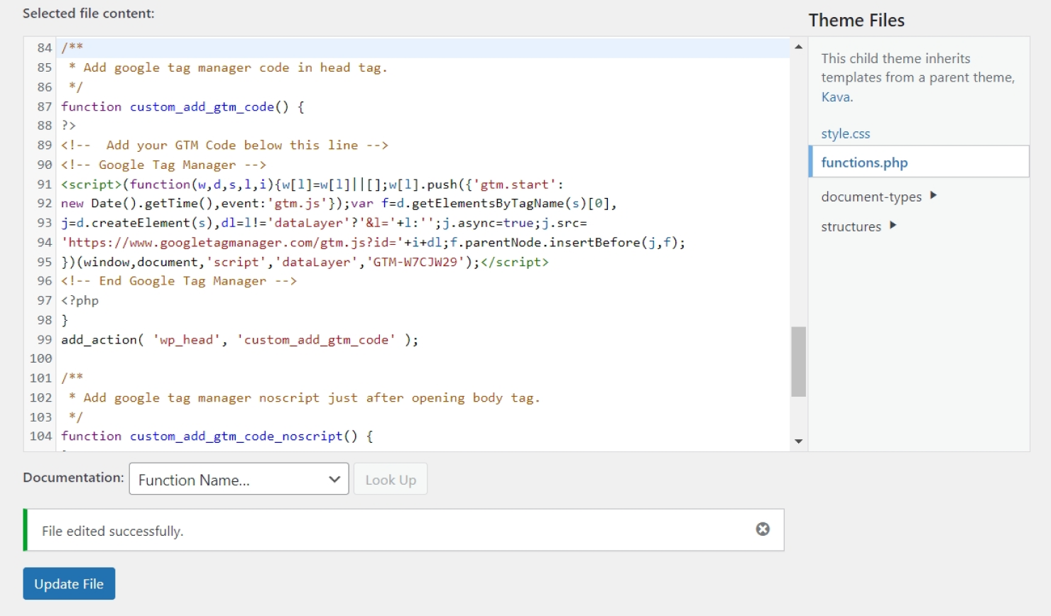 adding code for google tag manager in functions.php