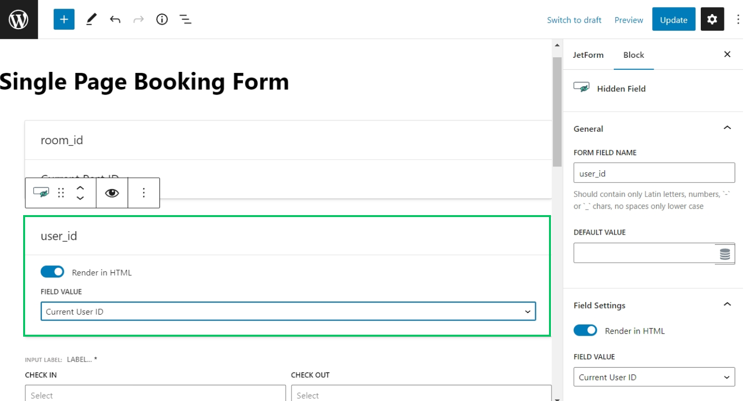 adding hidden field with user id to a jetformbuilder form