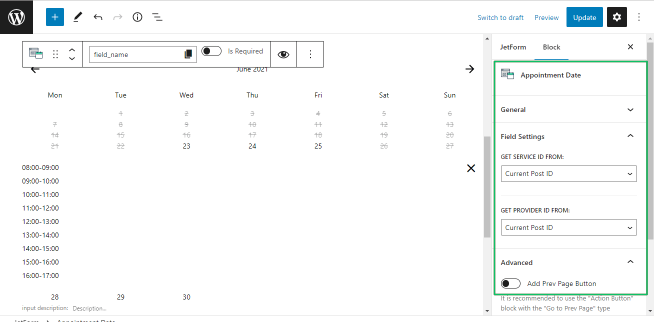appointment date block settings