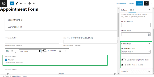 appointment provider block settings