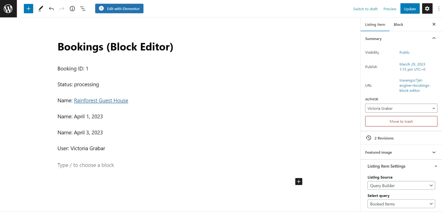 building the listing to display booked items in gutenberg