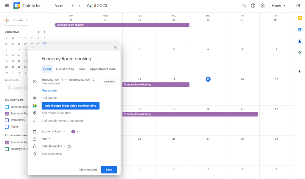 creating bookings in google calendar