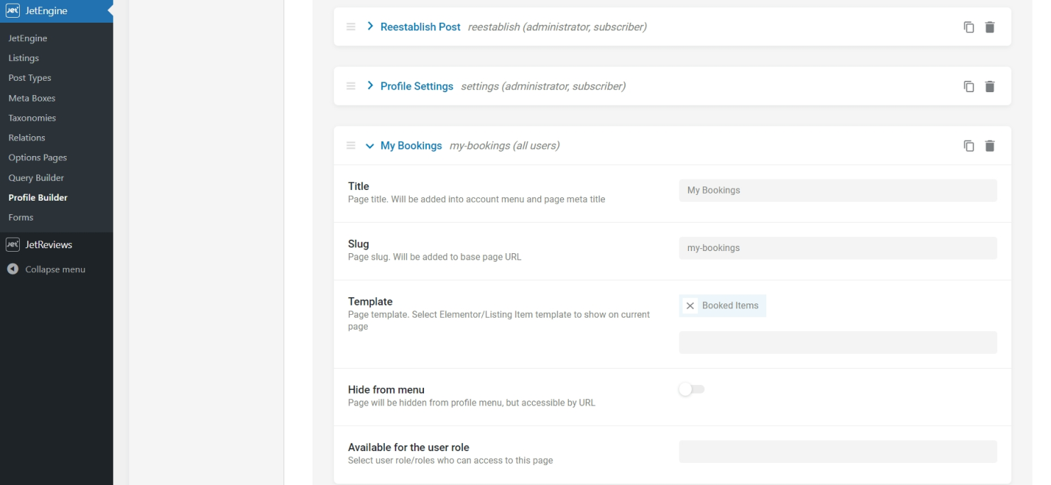 creating my bookings subpage in profile builder