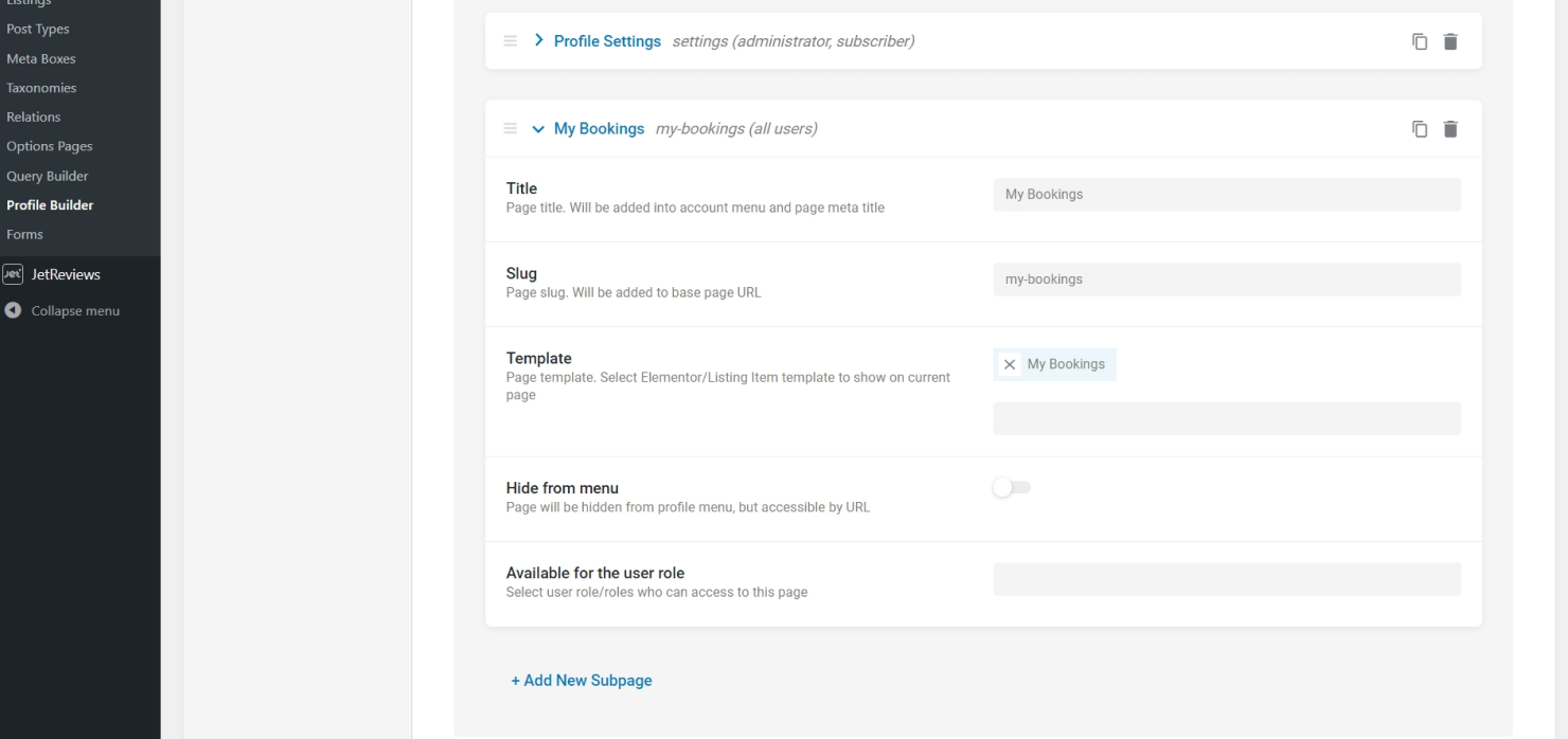 creating my bookings subpage in profile builder with gutenberg listing