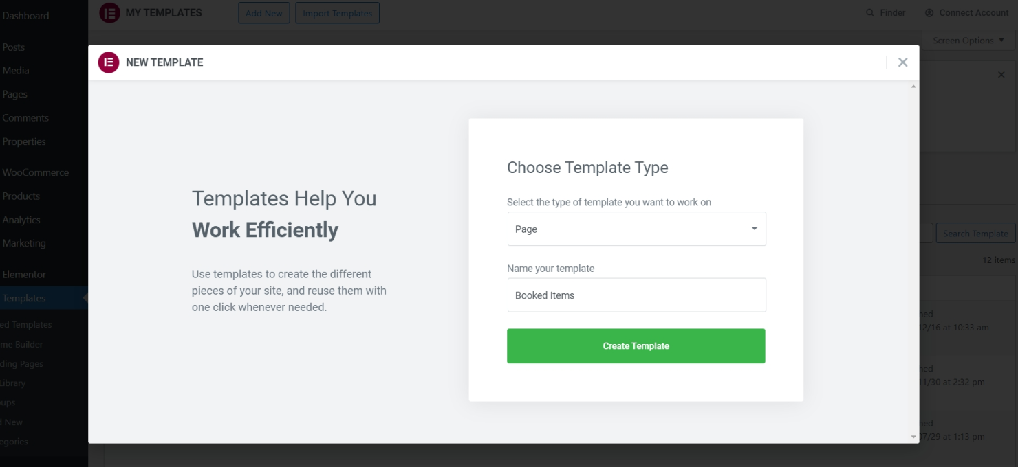 creating new page template in elementor