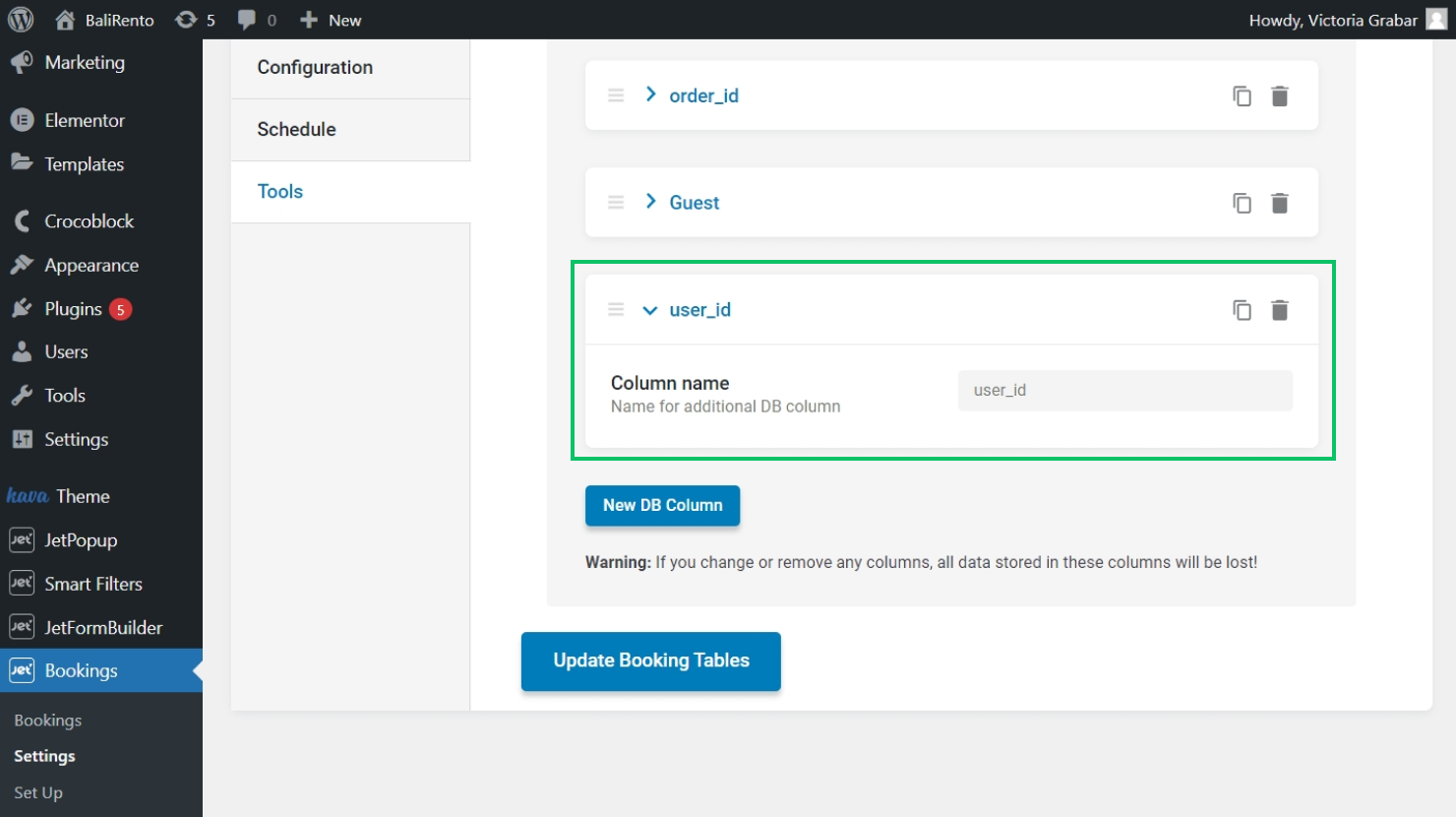 creating user_id column in jetbooking