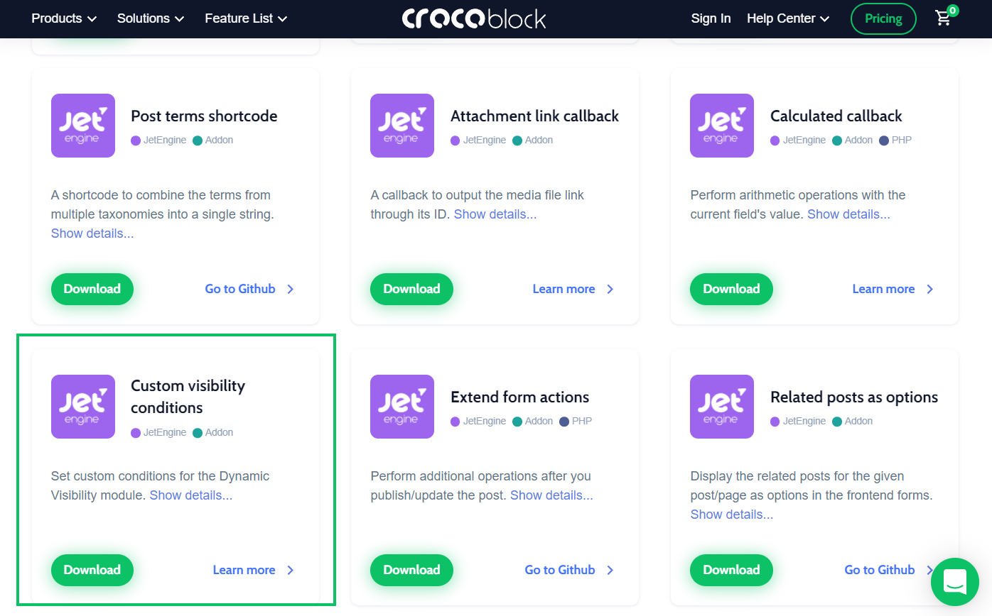 custom visibility conditions addon on the crocoblock website