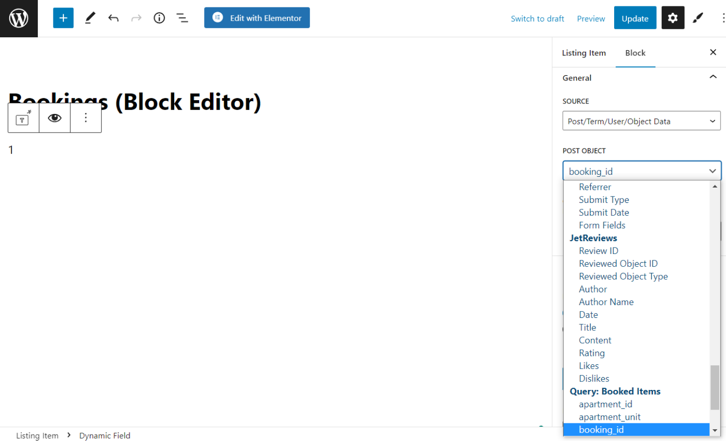 displaying booking id in gutenberg listing