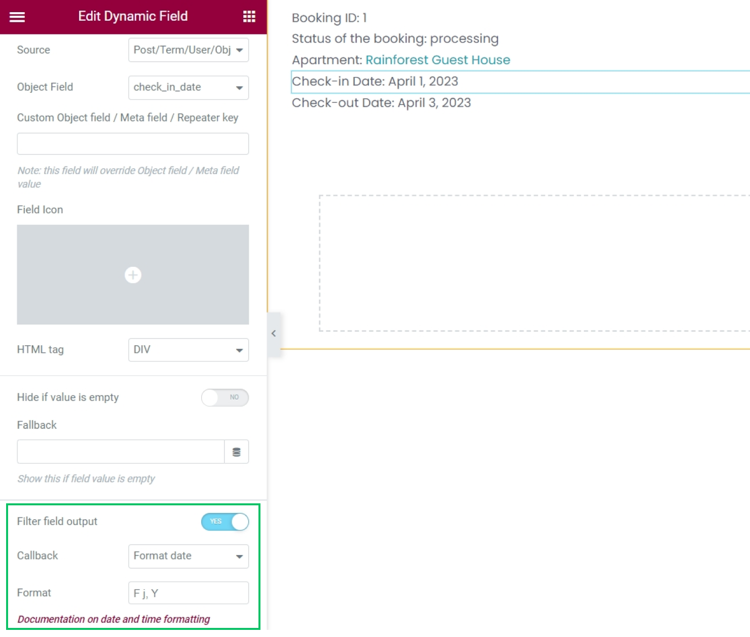 displaying check-in and check-out dates in booking listing