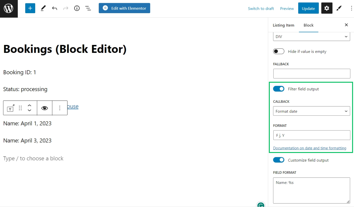 displaying check-in and check-out dates in gutenberg listing