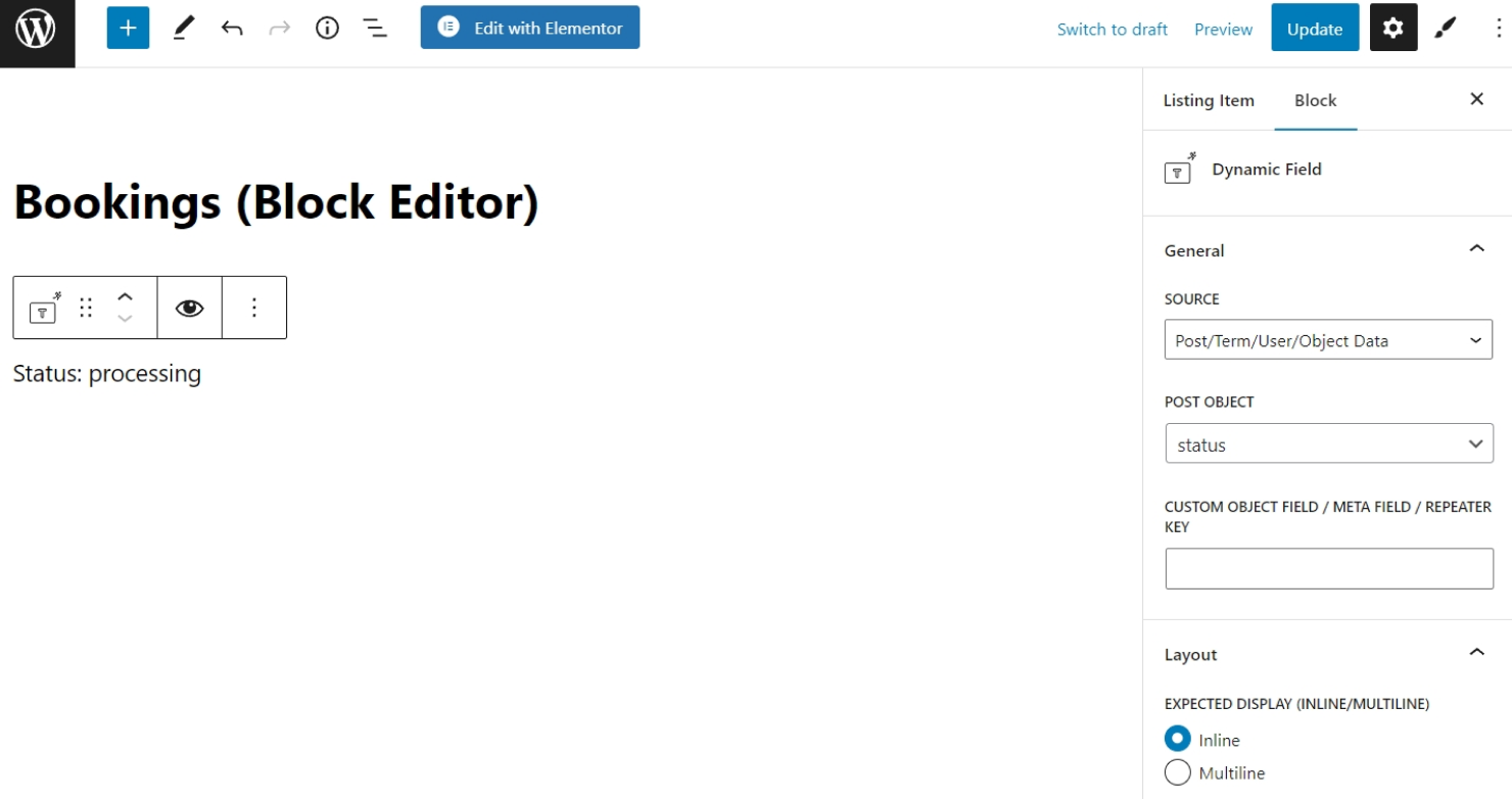 displaying the status of the booking in gutenberg listing template