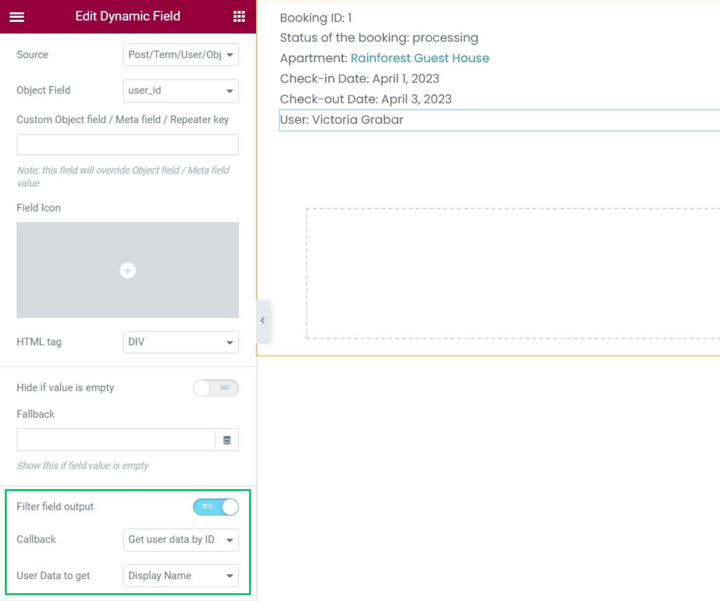 displaying user data in booking listing
