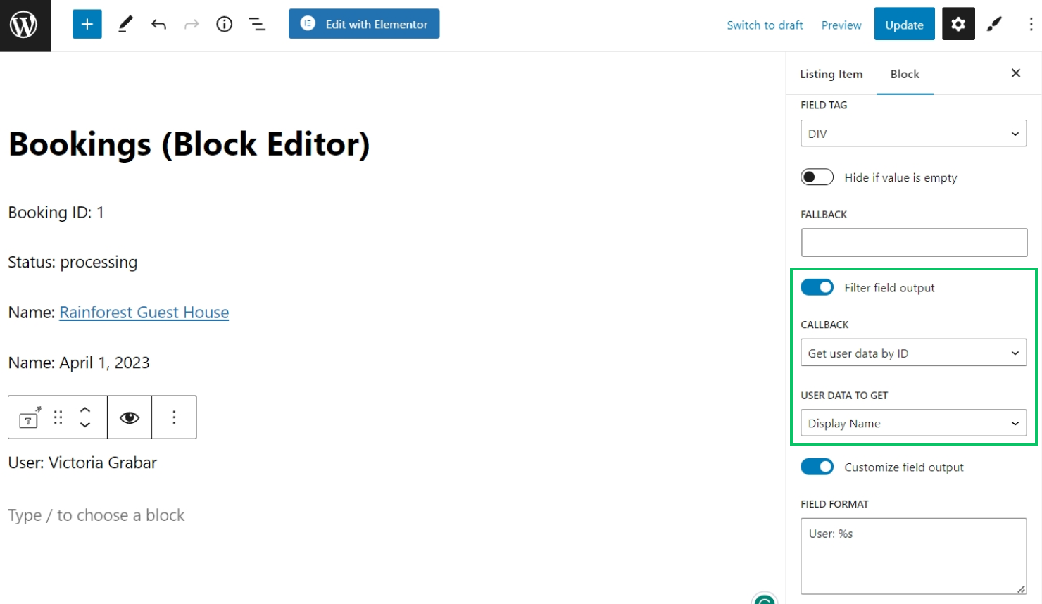 displaying user data in gutenberg listing