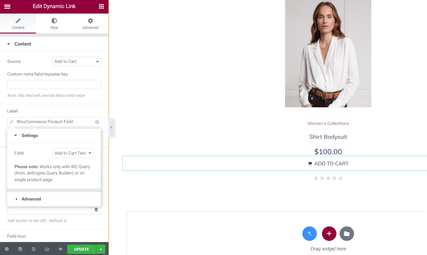 dynamic link widget source add to cart