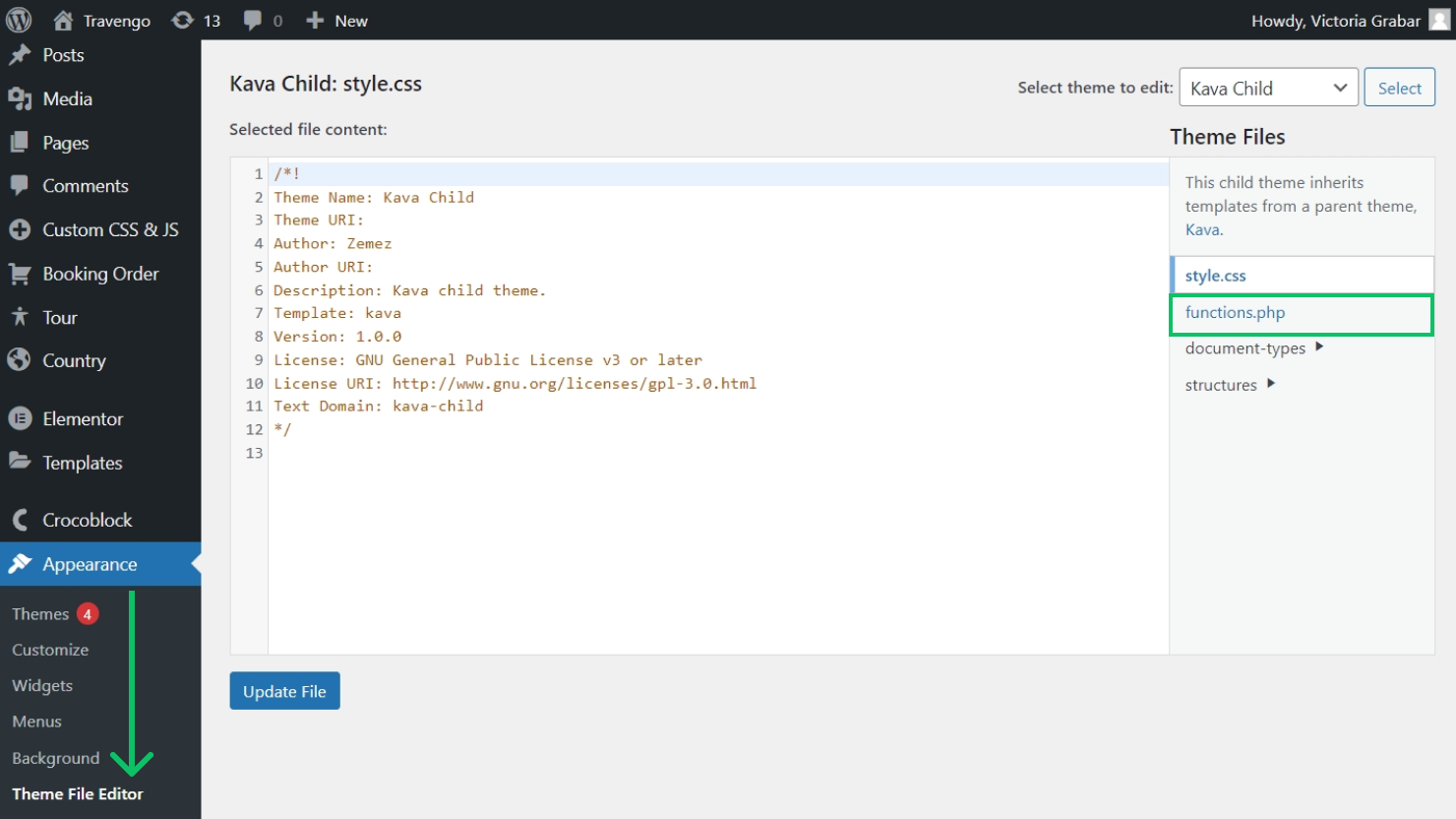 entering the functions.php file
